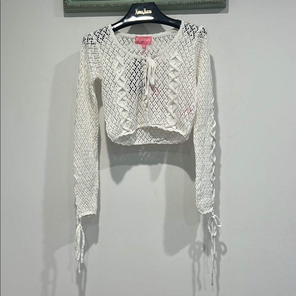 Sugar Thrillz White Lace-Up Crochet cardigan crop top size large new w tags